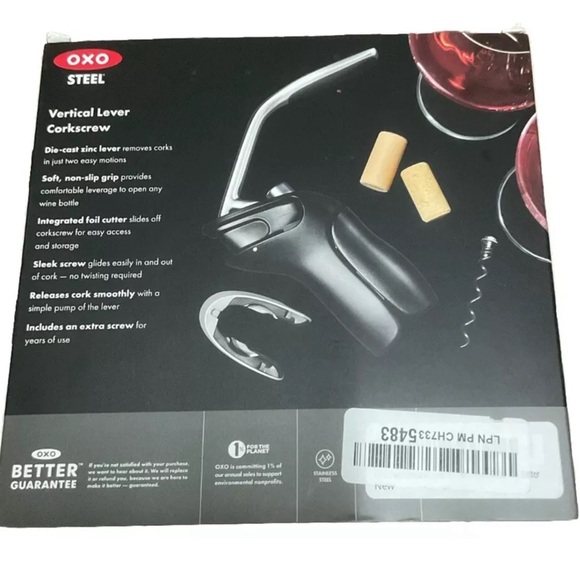 OXO Steel Vertical Lever Corkscrew Wine Bottle Opener w/ Integrated Foil Cutter - Picture 3 of 4